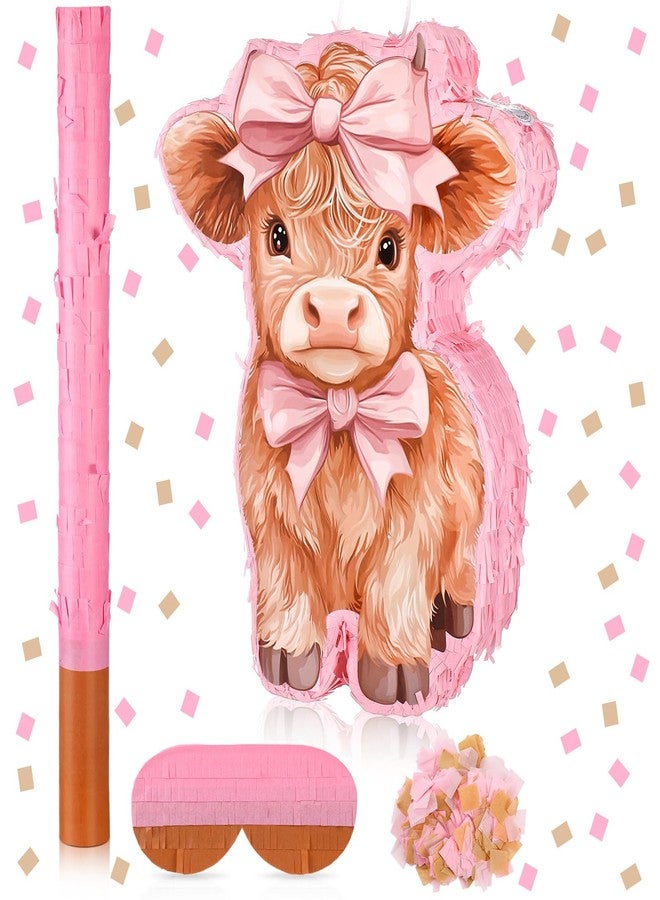 Feifeiya Pink Highland Cow Piñata Birthday Party Supplies Piñata Bundle with a Blindfold, Bat and Confetti Highland Cow Decorations - Image 1