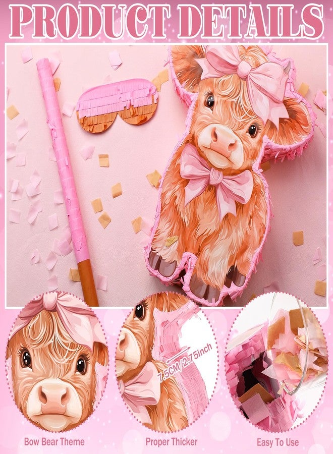 Feifeiya Pink Highland Cow Piñata Birthday Party Supplies Piñata Bundle with a Blindfold, Bat and Confetti Highland Cow Decorations - Image 3