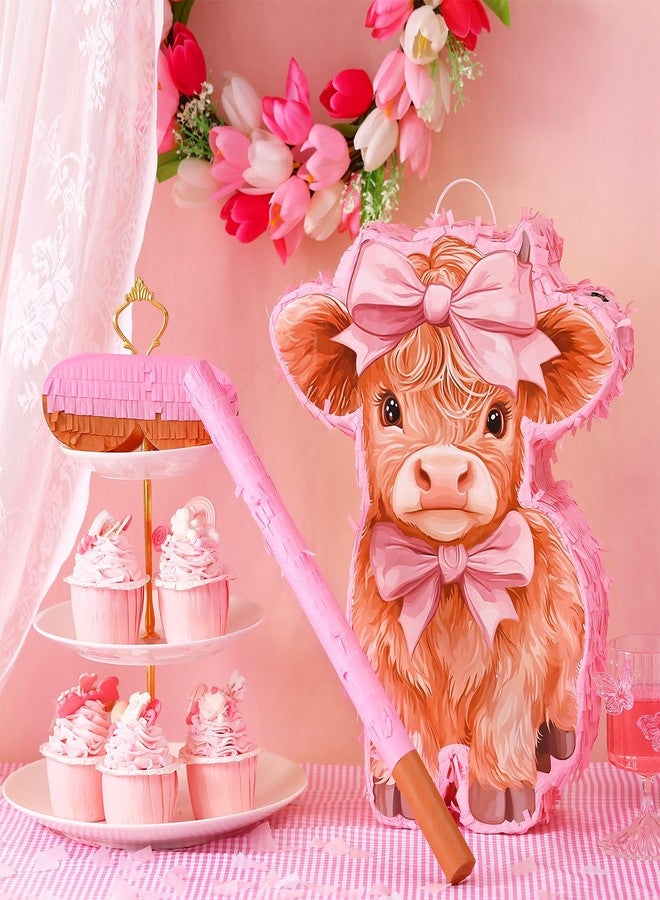 Feifeiya Pink Highland Cow Piñata Birthday Party Supplies Piñata Bundle with a Blindfold, Bat and Confetti Highland Cow Decorations - Image 2