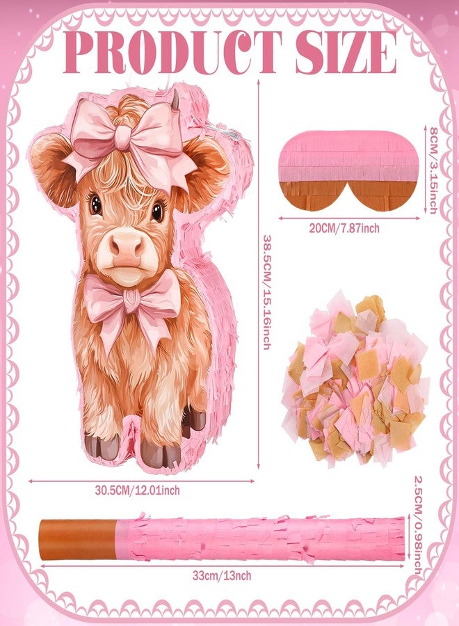 Feifeiya Pink Highland Cow Piñata Birthday Party Supplies Piñata Bundle with a Blindfold, Bat and Confetti Highland Cow Decorations - Image 4