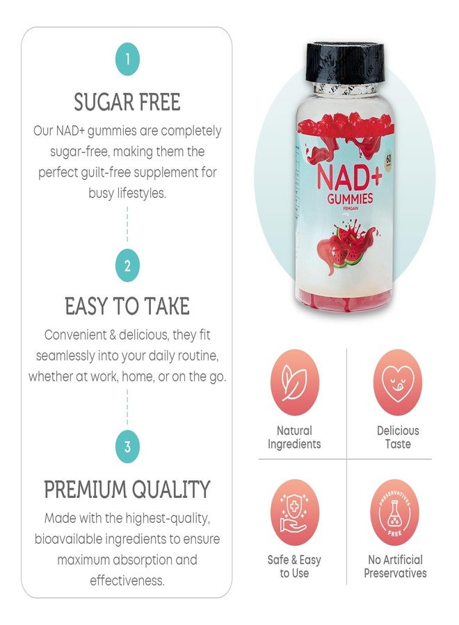 FEMGAIN علكات NAD، مكمل NAD بتركيز 1000 ملغ، علكات NAD+ خالية من السكر، نيكوتيناميد ريبوسيد، ريسفيراترول، فيتامين ب3، مكمل مضاد للشيخوخة، معزز للطاقة والدماغ، بنكهة البطيخ - Image 4