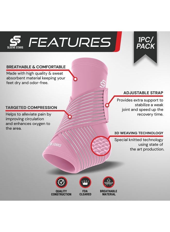SS SLEEVE STARS Sleeve Stars Ankle Brace for Sprained Ankle, Plantar Fasciitis Relief Ankle Support for Men and Women, Ankle Compression Sleeve w/ Strap (Single/Baby Pink)  - Image 3