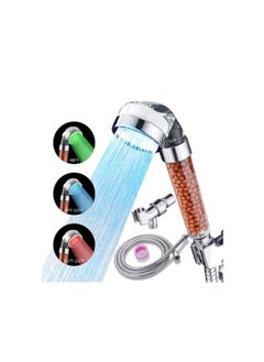 LED shower head with filter beads, high pressure handheld shower head water saving, 3 colors change with temperature, no batteries required, with shower hose and holder