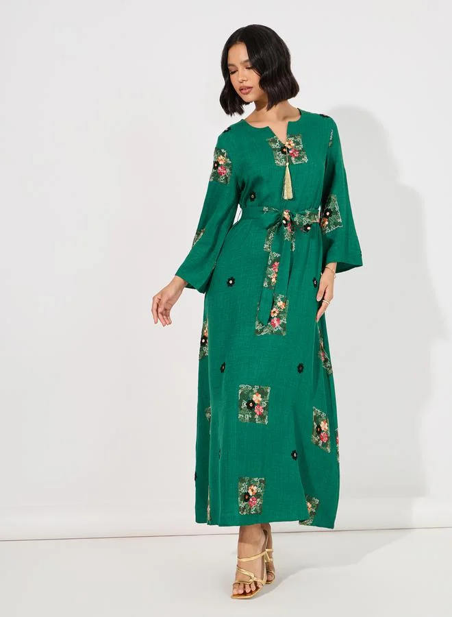 Styli Linen Look Embroidered Tassel Detail Maxi Jalabiya
