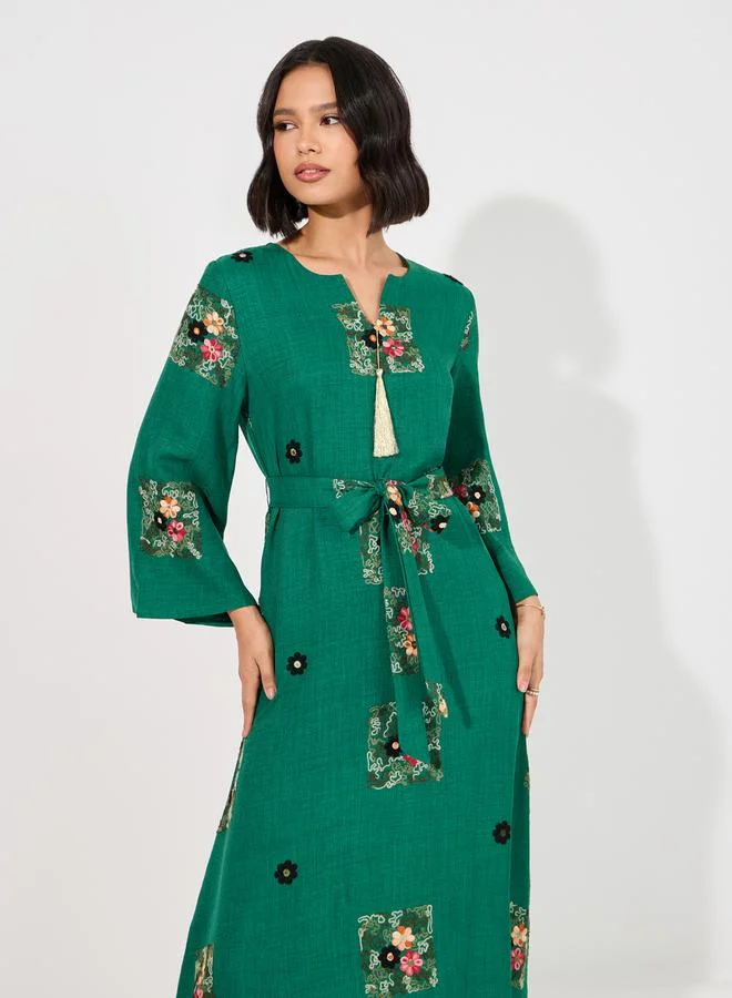 Styli Linen Look Embroidered Tassel Detail Maxi Jalabiya