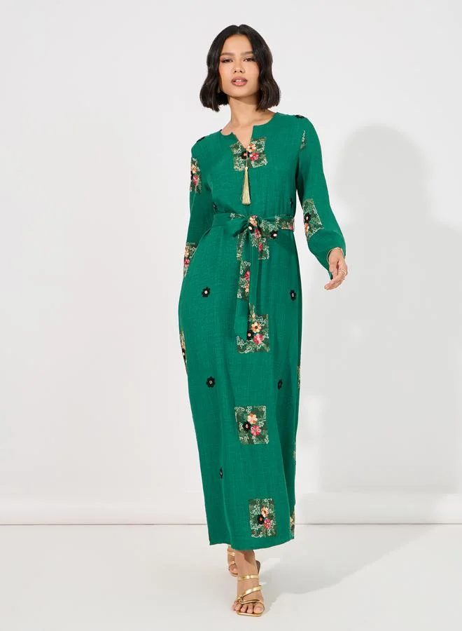 Styli Linen Look Embroidered Tassel Detail Maxi Jalabiya