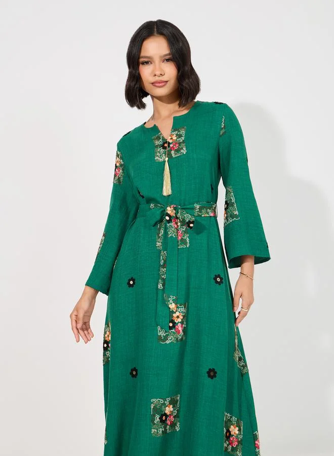 Styli Linen Look Embroidered Tassel Detail Maxi Jalabiya