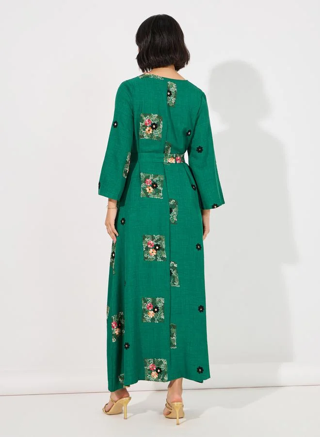 Styli Linen Look Embroidered Tassel Detail Maxi Jalabiya