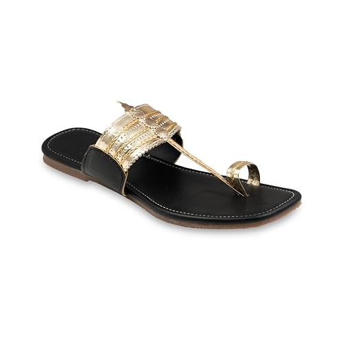 KORAKARI Womens Genuine Leather Golden Glow Walkers Kolhapuri Multicolor Chappal Handcrafted Sandal Smooth Flip Flops Slipper Stylish Anti Slip Design Traditional Footwear (UK-8) - Image 1