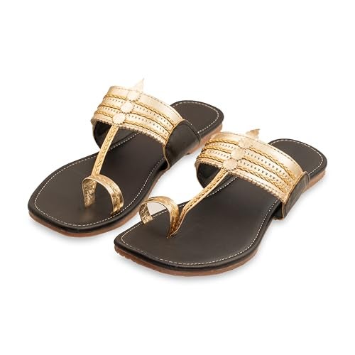 KORAKARI Womens Genuine Leather Golden Glow Walkers Kolhapuri Multicolor Chappal Handcrafted Sandal Smooth Flip Flops Slipper Stylish Anti Slip Design Traditional Footwear (UK-8) - Image 5