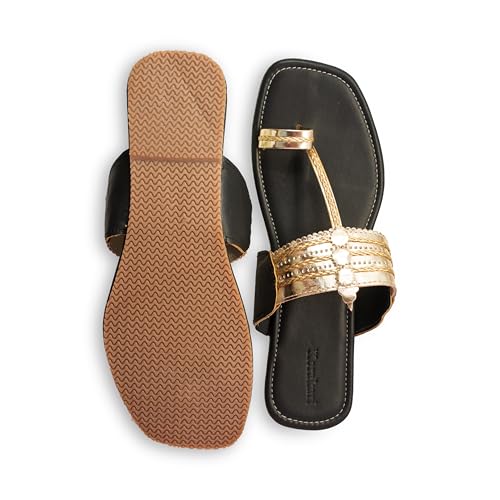 KORAKARI Womens Genuine Leather Golden Glow Walkers Kolhapuri Multicolor Chappal Handcrafted Sandal Smooth Flip Flops Slipper Stylish Anti Slip Design Traditional Footwear (UK-8) - Image 2