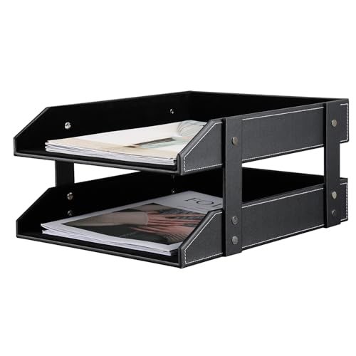 KINGFOM Letter Tray, Leather Paper Organizer Tray, Wooden Desk File Holder, Desktop File, Stackable Magazine Holder, Mail Sorter, Great for Home or Office - 2 Level Black - Image 5