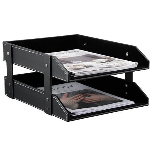 KINGFOM Letter Tray, Leather Paper Organizer Tray, Wooden Desk File Holder, Desktop File, Stackable Magazine Holder, Mail Sorter, Great for Home or Office - 2 Level Black - Image 1