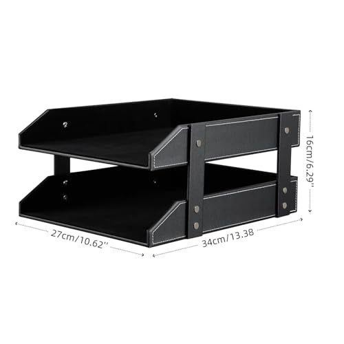 KINGFOM Letter Tray, Leather Paper Organizer Tray, Wooden Desk File Holder, Desktop File, Stackable Magazine Holder, Mail Sorter, Great for Home or Office - 2 Level Black - Image 3