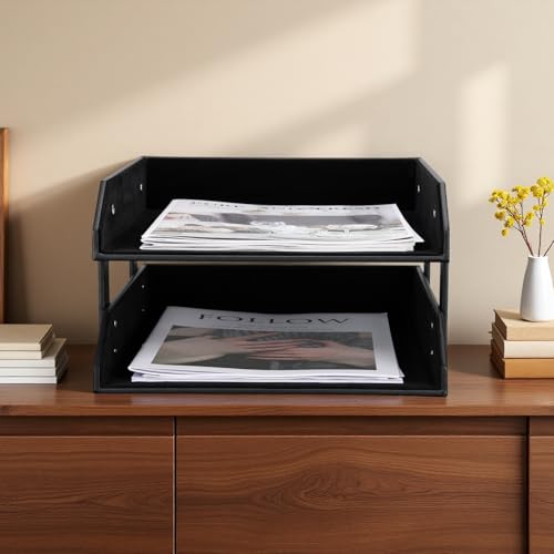 KINGFOM Letter Tray, Leather Paper Organizer Tray, Wooden Desk File Holder, Desktop File, Stackable Magazine Holder, Mail Sorter, Great for Home or Office - 2 Level Black - Image 2