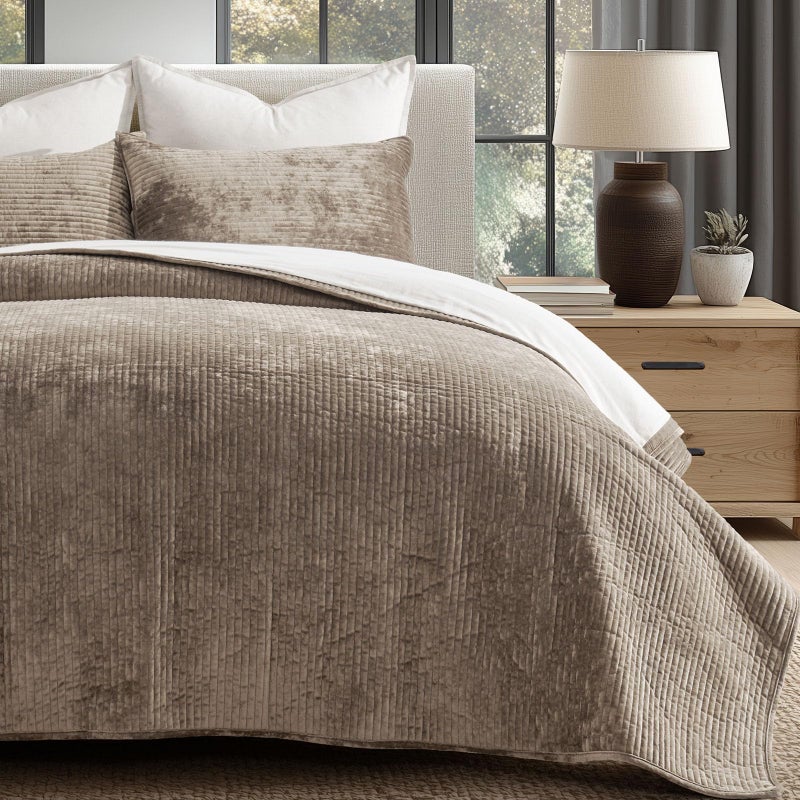 EVERGRACE Velvet Quilt Set King Size, Luxurious Soft Quilted Bedding Sets, Lightweight Velvet Comforter for All Season, Striped Channel Bedspread Coverlet with 2 Shams, Natural Tan - Image 1