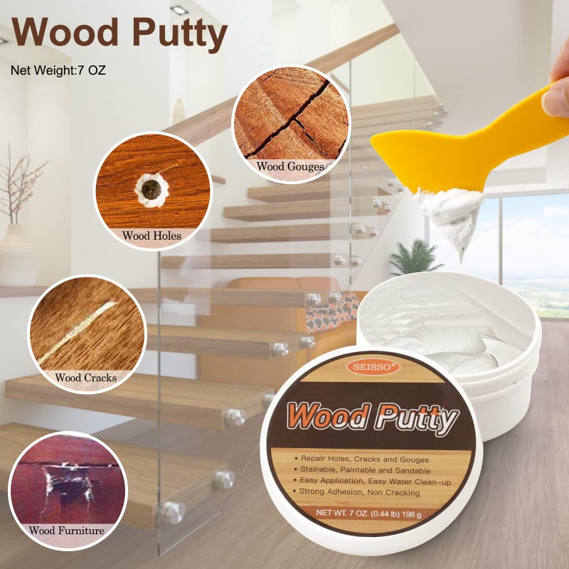 SEISSO Wood Putty, Water-Based Woods Filler, White Wooden Putty for Trim, Woods Filler Paintable, Stainable, Wooden Furniture Repair kit - Restore Wooden Table, Cabinet, Floors, Door - Image 2
