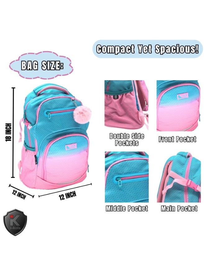 i-kola Blue Pink 18" School Bag | School Backpack For Teenagers | 3 Compartments | PVC Material | School Bags | Backpack For School | School Bag For Boys | School Bag For Girls (I-70014 18BP) - Image 2