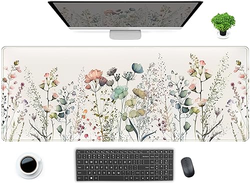 DCJJM Cute Wild Flower Desk Mat Boho Aesthetic XL Large Extended Gaming Mouse Pad Desk Pad with Stitched Edges 315x118 in Computer Laptop Mousepad Keyboard and Mouse Mat for Women Office Desk Decor - Image 1