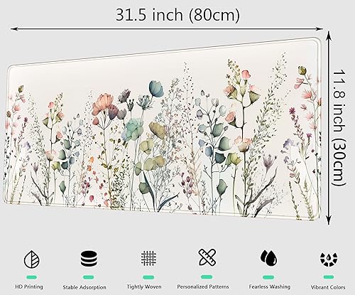 DCJJM Cute Wild Flower Desk Mat Boho Aesthetic XL Large Extended Gaming Mouse Pad Desk Pad with Stitched Edges 315x118 in Computer Laptop Mousepad Keyboard and Mouse Mat for Women Office Desk Decor - Image 3
