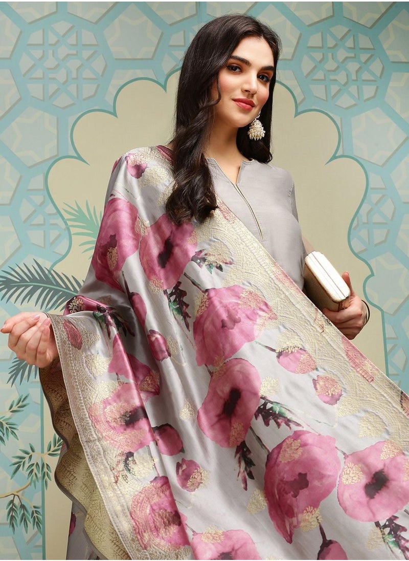 ISHIN Women's Grey Polyester Blend Self Design Full Length Palazzo Kurta Set  - Image 3