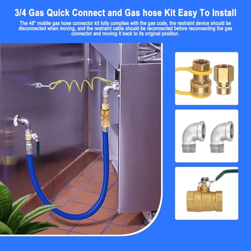 Sekvira 1675KIT48 Safety System Kit, 48" Mobile Gas Hose Connector Kit with 2 Elbows and 3/4 Quick Disconnect 3/4 Gas Flex Line, Gas Line Hose for Kitchen Equipment Full Port Gas Valve,Restraining Device. - Image 3
