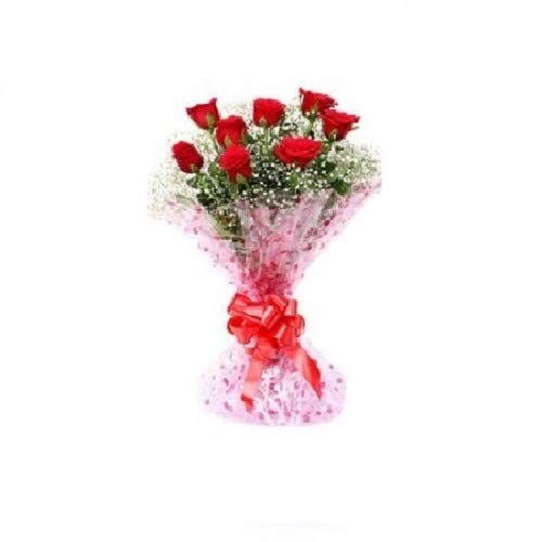 Floral Fantasy خيال زهور هدية عيد الحب باقة من 8 وردات حمراء في تغليف سيلوفان - Image 1