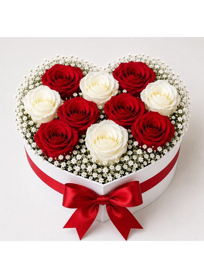 Red & White Rose Heart-Shaped Flower Box with Baby’s Breath – 10 Fresh Roses