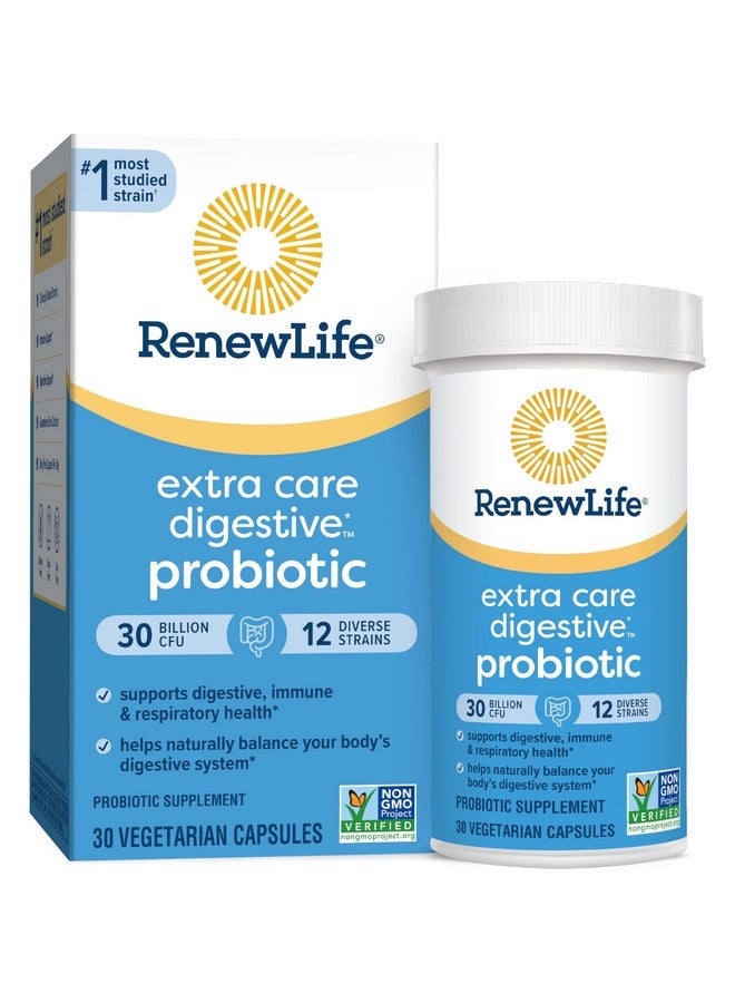 Renew Life كبسولات بروبيوتيك رينو لايف إكسترا كير للهضم، مكمل يومي يدعم الصحة المناعية والهضمية والتنفسية، L. Rhamnosus GG، خالي من الألبان وفول الصويا والغلوتين، 30 مليار CFU، 30 حبة - Image 1