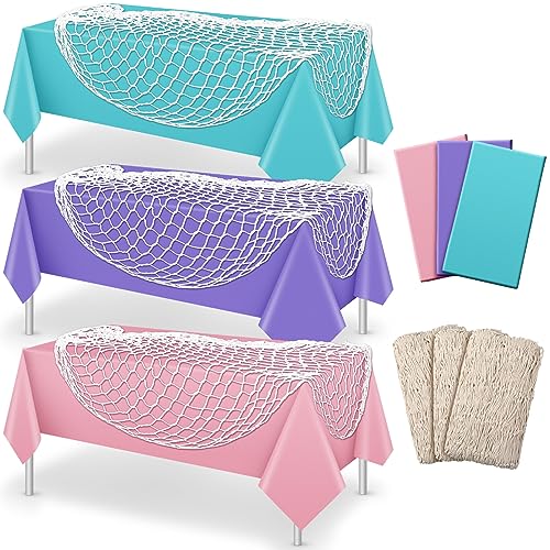 Unittype 6 Pcs Fish Net Decorative and Tablecloth Set, Cotton Fishnet and Plastic Table Cover Decorations Set for Nautical Themed Party Baby Shower Pirate Decorations Mermaid Party(Fresh Color) - Image 1
