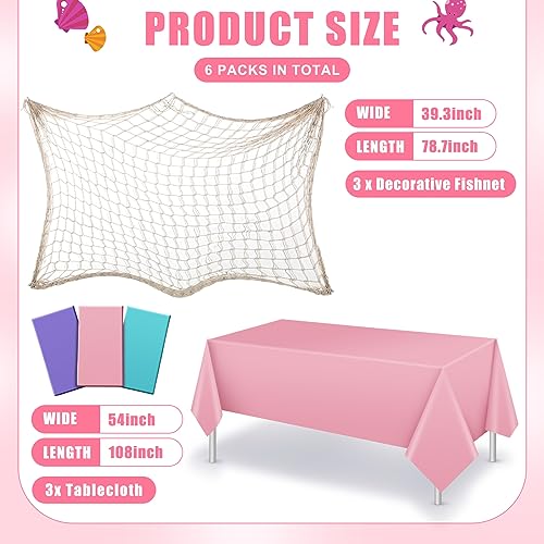 Unittype 6 Pcs Fish Net Decorative and Tablecloth Set, Cotton Fishnet and Plastic Table Cover Decorations Set for Nautical Themed Party Baby Shower Pirate Decorations Mermaid Party(Fresh Color) - Image 2