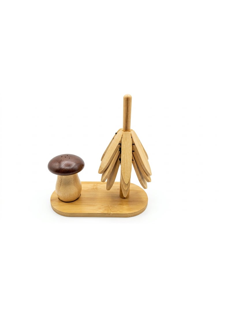 Wooden Trivets Set for Hot Dishes with Foldable Tree Design and Storage Stand, 3 Heat Resistant Beech Wood Trivets with Mushroom Shape Toothpick Holder, Kitchen Table Protection Mat for Pots Pans Teapot Bowl, Decorative Space Saving Wooden Trivet Organizer - Image 3