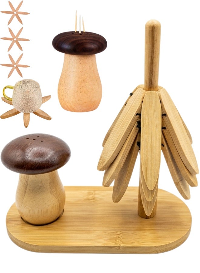 Wooden Trivets Set for Hot Dishes with Foldable Tree Design and Storage Stand, 3 Heat Resistant Beech Wood Trivets with Mushroom Shape Toothpick Holder, Kitchen Table Protection Mat for Pots Pans Teapot Bowl, Decorative Space Saving Wooden Trivet Organizer - Image 1
