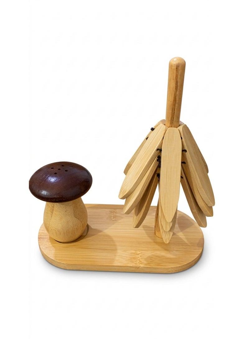 Wooden Trivets Set for Hot Dishes with Foldable Tree Design and Storage Stand, 3 Heat Resistant Beech Wood Trivets with Mushroom Shape Toothpick Holder, Kitchen Table Protection Mat for Pots Pans Teapot Bowl, Decorative Space Saving Wooden Trivet Organizer - Image 4