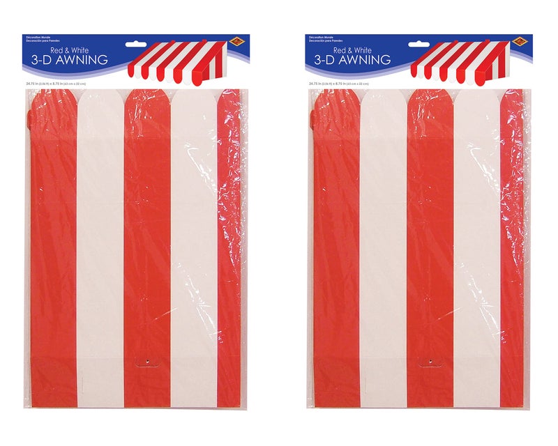 Beistle 3-D Red and White Awning Wall Decorations - 2-Pack Cardstock Circus and Carnival-Themed DÃ©cor for Party Walls, Photo Booths, Italian Events and Vintage Clown or Fair Displays, 24Â¾" x 8Â¾" - Image 2