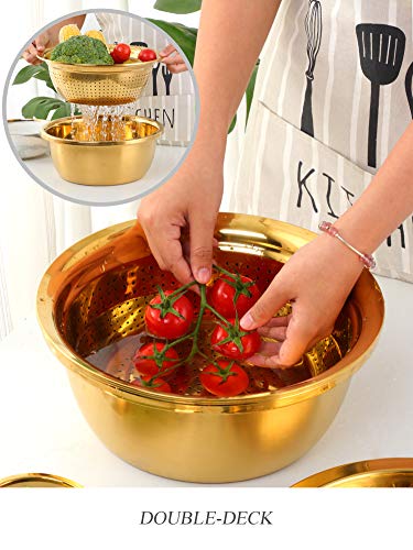 Qobimoon 3Pc/Set Colander Set Stainless Steel Vegetable Slicer Fruit Potato Peeler Carrot Grater Strainer Utensil Round Rice Washer Bowl Drain Basket-Gold - Image 4