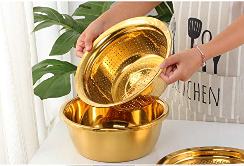Qobimoon 3Pc/Set Colander Set Stainless Steel Vegetable Slicer Fruit Potato Peeler Carrot Grater Strainer Utensil Round Rice Washer Bowl Drain Basket-Gold - Image 5