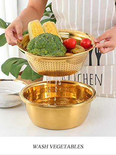 Qobimoon 3Pc/Set Colander Set Stainless Steel Vegetable Slicer Fruit Potato Peeler Carrot Grater Strainer Utensil Round Rice Washer Bowl Drain Basket-Gold - Image 2