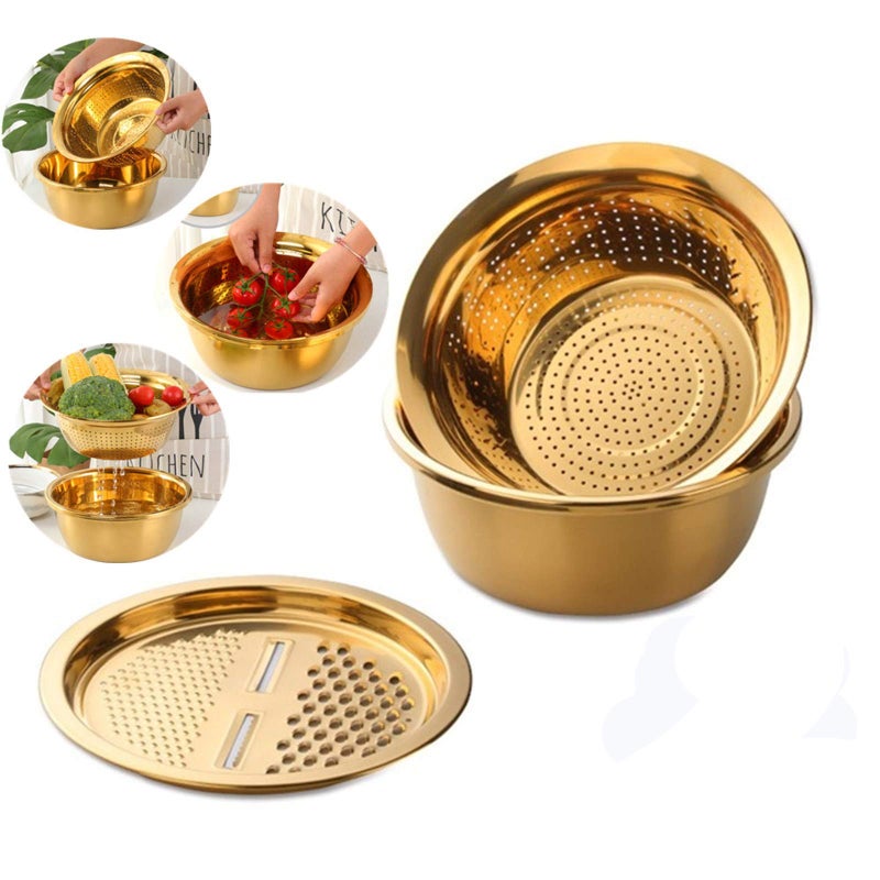Qobimoon 3Pc/Set Colander Set Stainless Steel Vegetable Slicer Fruit Potato Peeler Carrot Grater Strainer Utensil Round Rice Washer Bowl Drain Basket-Gold - Image 1