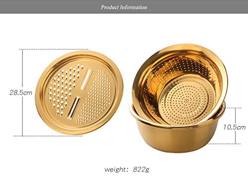Qobimoon 3Pc/Set Colander Set Stainless Steel Vegetable Slicer Fruit Potato Peeler Carrot Grater Strainer Utensil Round Rice Washer Bowl Drain Basket-Gold - Image 3