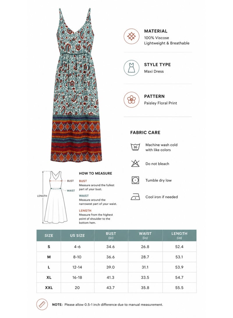 Bohemian Floral Paisley V-Neck Spaghetti Strap Maxi Dress with Geometric Border - Image 4