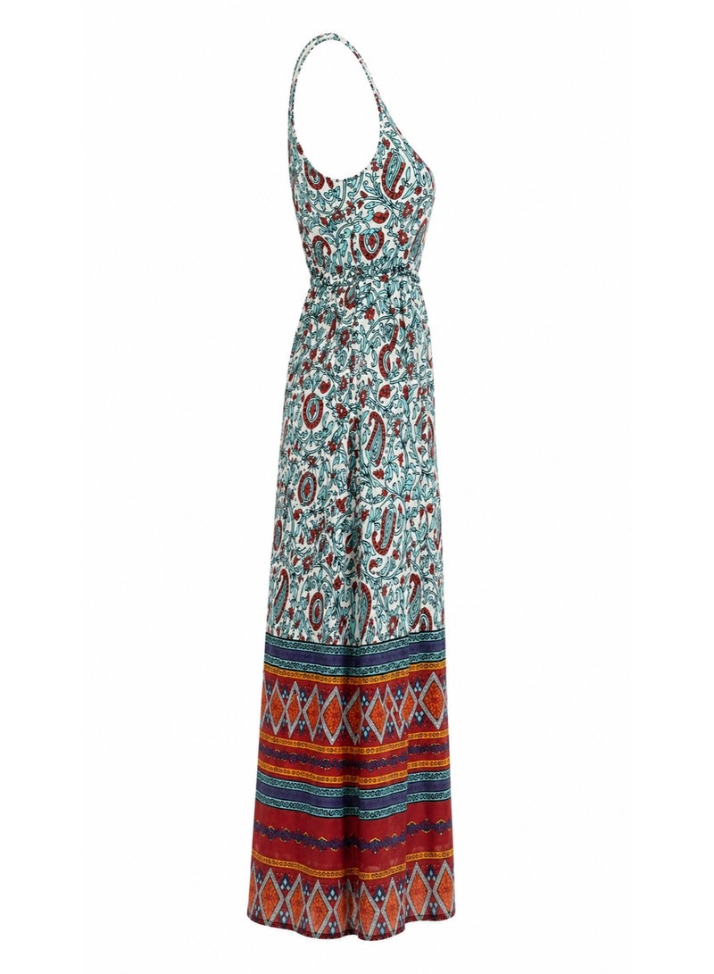 Bohemian Floral Paisley V-Neck Spaghetti Strap Maxi Dress with Geometric Border - Image 2