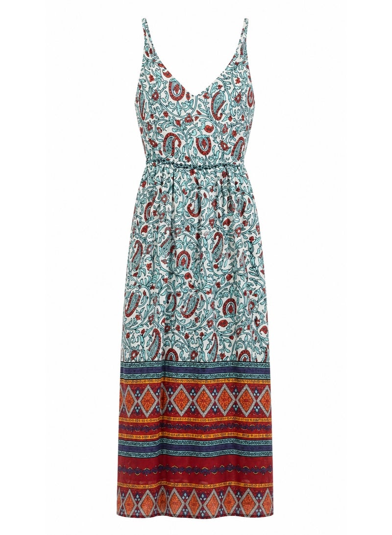 Bohemian Floral Paisley V-Neck Spaghetti Strap Maxi Dress with Geometric Border - Image 1