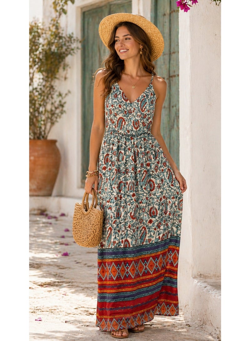 Bohemian Floral Paisley V-Neck Spaghetti Strap Maxi Dress with Geometric Border - Image 5