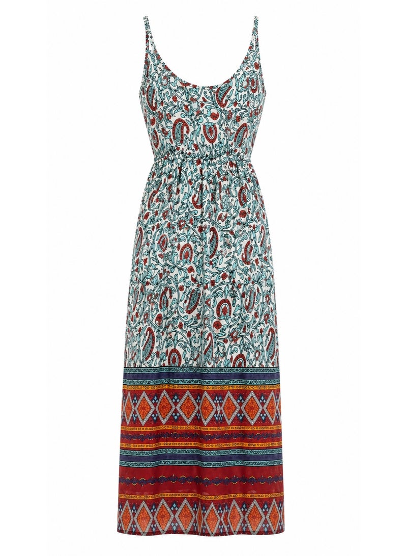 Bohemian Floral Paisley V-Neck Spaghetti Strap Maxi Dress with Geometric Border - Image 3