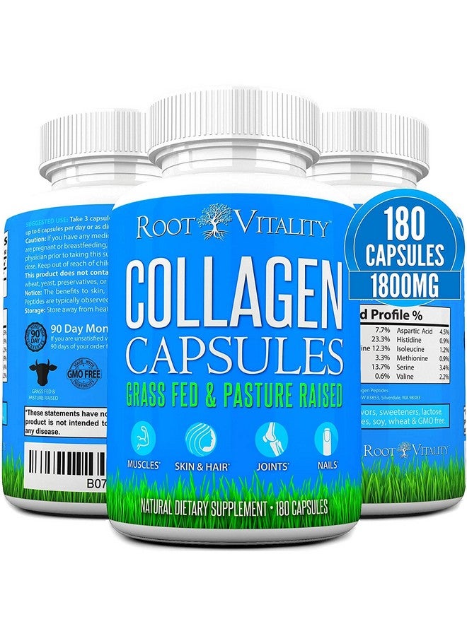 Root Vitality Collagen Capsules Collagen Pills 180 Count For Skin Hair Nails & Joints Collagen Supplements For Women & Men Grass Fed Nongmo Collagen Peptides Pills - Image 2