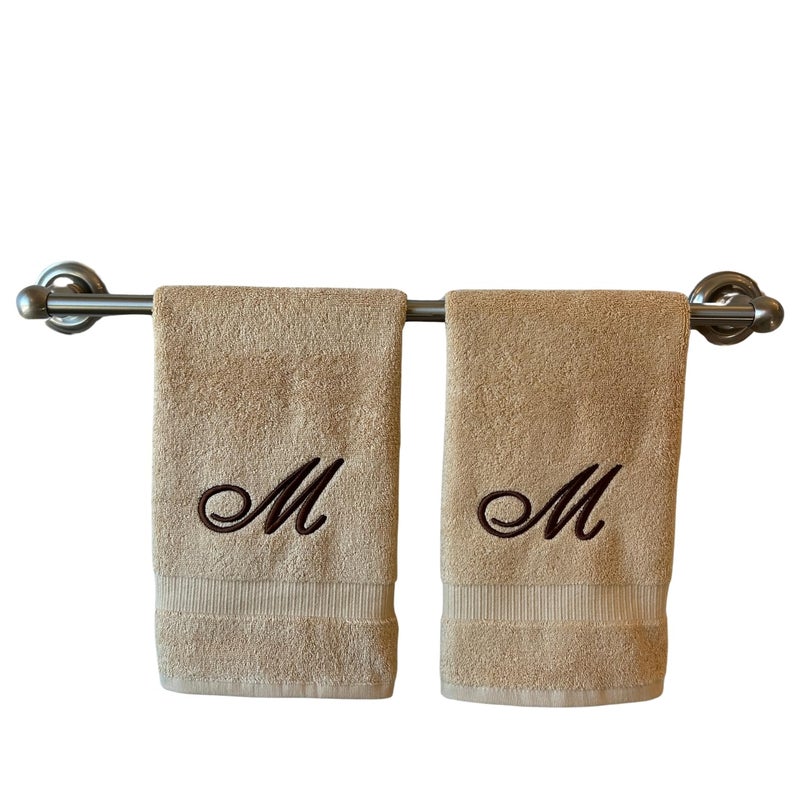 Decorvo Beige Monogrammed Hand Towels for Bathroom - Luxury Hotel Quality Personalized Initial Embroidered Towel for Powder Room, Spa - GOTS Organic Certified - Set of 2 Brown Letter M - Image 1