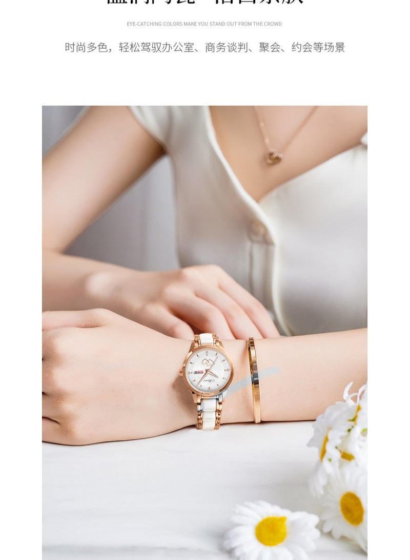 xozgdovg Double calendar light luxury temperament ceramic Shi Ying women's watch ultra-thin fashion double-heart waterproof watch - Image 2