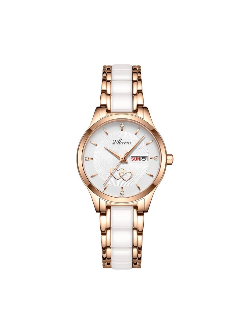 xozgdovg Double calendar light luxury temperament ceramic Shi Ying women's watch ultra-thin fashion double-heart waterproof watch - Image 1