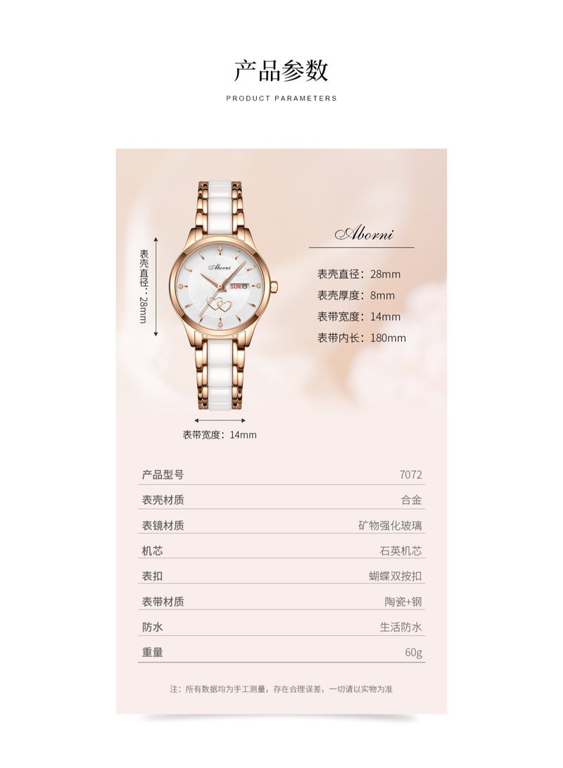 xozgdovg Double calendar light luxury temperament ceramic Shi Ying women's watch ultra-thin fashion double-heart waterproof watch - Image 3